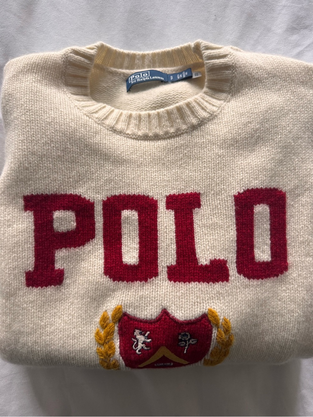 Polo by Ralph Lauren Cream Crewneck Sweater with Red 'POLO' and Gold Crest - Picture 7 of 7